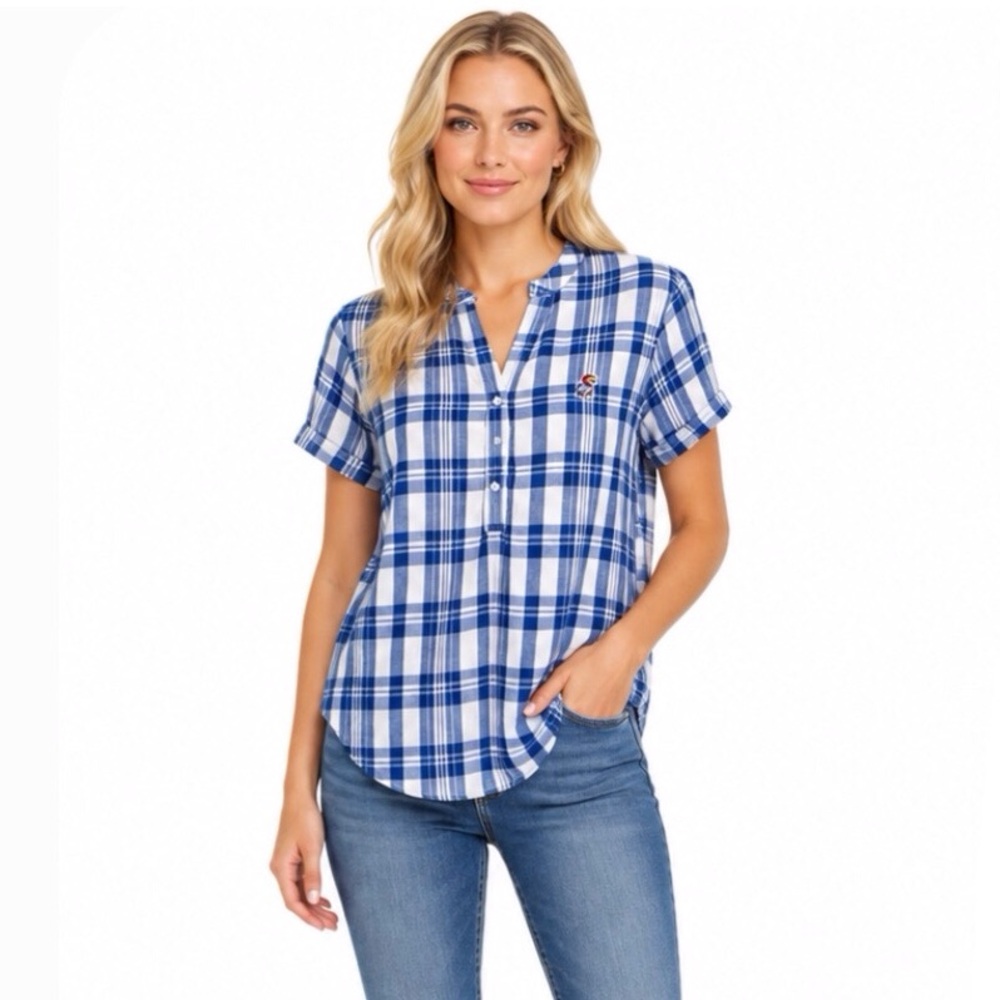 Kansas Jayhawks Womens Top Size Small Plaid Short Sleeve Blouse Relaxed Fit New